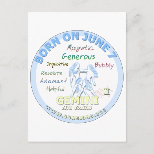 Carte Postale 7 juin Anniversaire - Gemini (Devant)