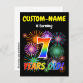 Carte Postale 7e anniversaire - Fun Fireworks, Rainbow Look "7" (Devant / Derrière)