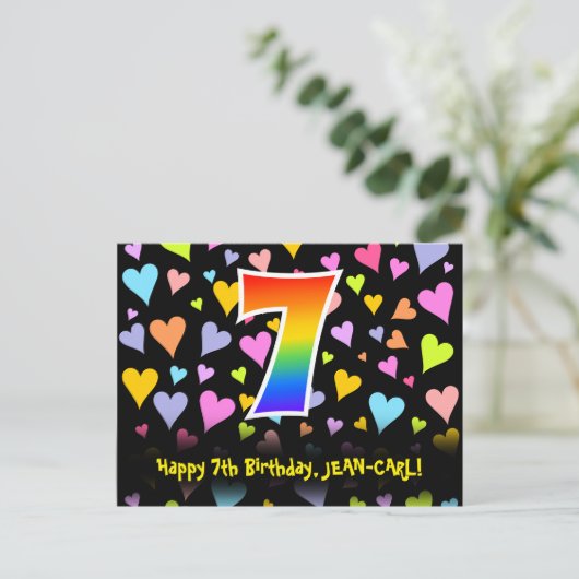 Carte Postale 7e anniversaire : motif coeurs amusants, arc-en-ci (Debout devant)