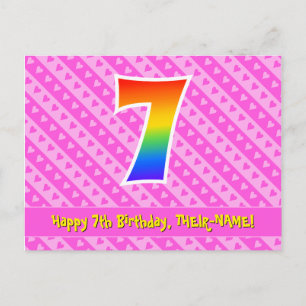 Carte Postale 7e anniversaire : Rayures roses et cœurs, arc-en-c