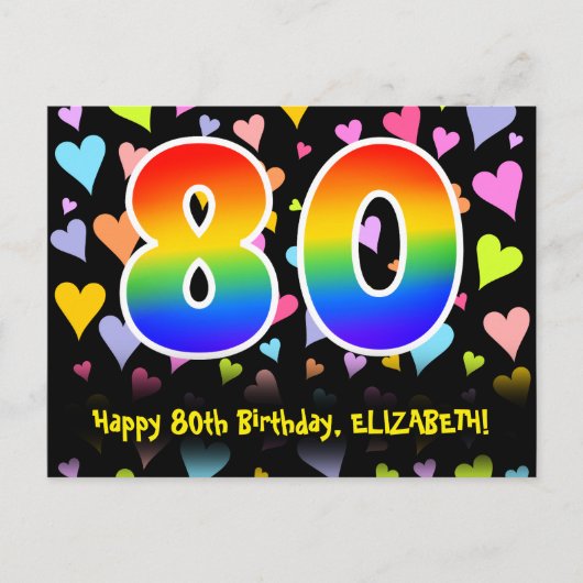 Carte Postale 80e anniversaire : Fun Hearts Motif, Arc-en-ciel 8 (Devant)