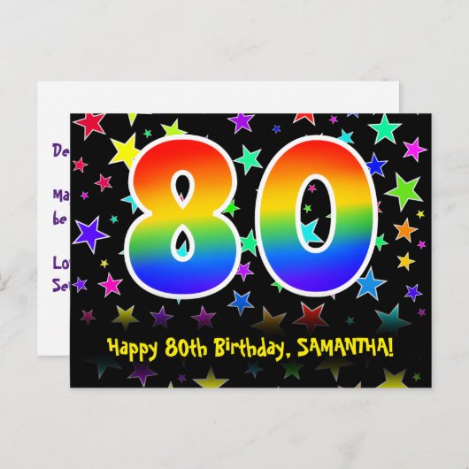 Carte Postale 80e anniversaire : Fun Stars Motif, Arc-en-ciel 80 (Devant / Derrière)