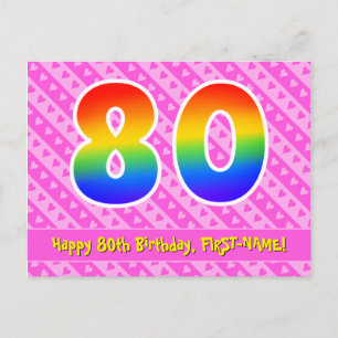 Carte Postale 80e anniversaire : rayures roses et cœurs, arc-en-
