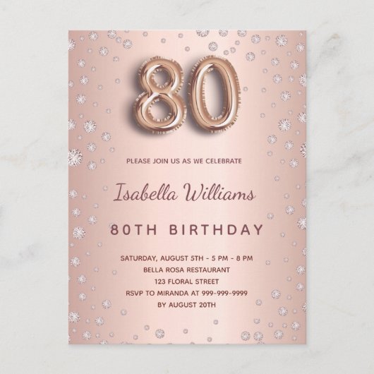 Carte Postale 80e anniversaire rose or diamons script de ballon (Devant)