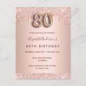 Carte Postale 80e anniversaire rose or parties scintillant rose  (Devant)