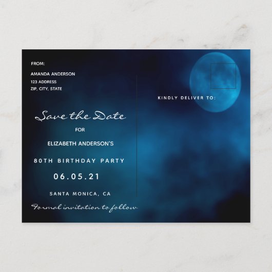 Carte Postale 80e anniversaire Save the Date tropical bleu lune (Dos)