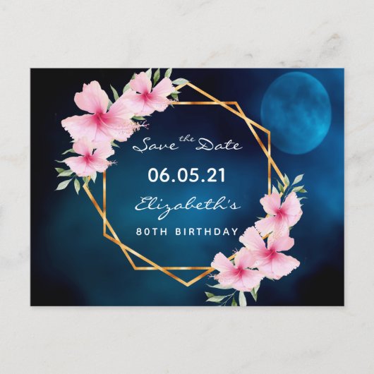 Carte Postale 80e anniversaire Save the Date tropical bleu lune (Devant)