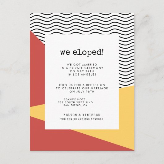 Carte Postale 80s Pop art Memphis style Nous avons élopé (Devant)