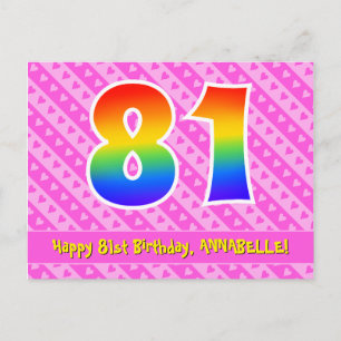 Carte Postale 81e anniversaire : rayures roses et cœurs, arc-en-