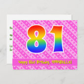 Carte Postale 81e anniversaire : Rayures roses et cœurs, arc-en- (Devant / Derrière)