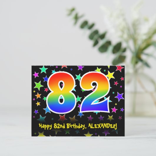 Carte Postale 82e Anniversaire : motif Fun Stars, Arc-en-ciel 82 (Debout devant)
