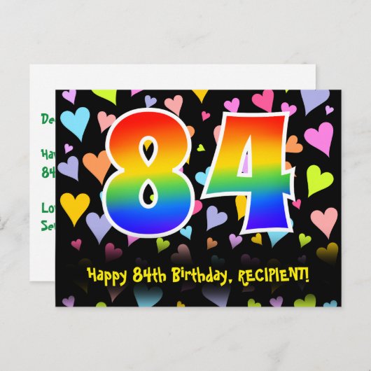 Carte Postale 84e anniversaire : Fun Hearts Motif, Arc-en-ciel 8 (Devant / Derrière)