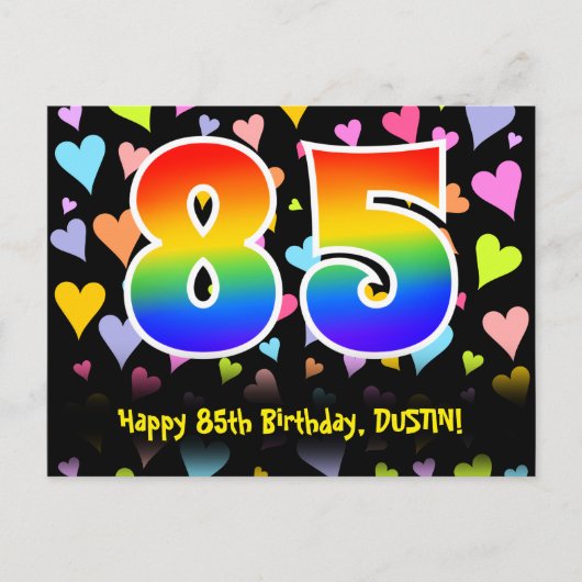 Carte Postale 85e anniversaire : motif coeurs amusants, arc-en-c (Devant)