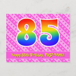 Carte Postale 85e anniversaire : rayures roses et cœurs, arc-en-