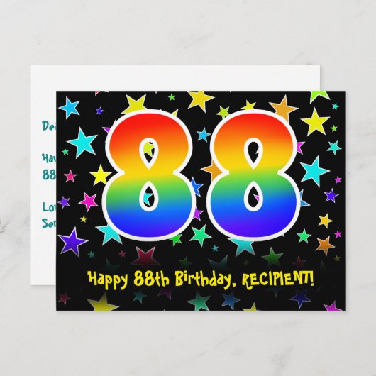 Carte Postale 88e Anniversaire : Motif Étoiles Amusantes, Arc-en (Devant / Derrière)