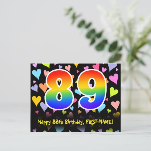 Carte Postale 89e Anniversaire : motif coeurs amusants, arc-en-c (Debout devant)