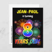 Carte Postale 8e anniversaire - Fun Fireworks, Rainbow Look "8" (Devant / Derrière)