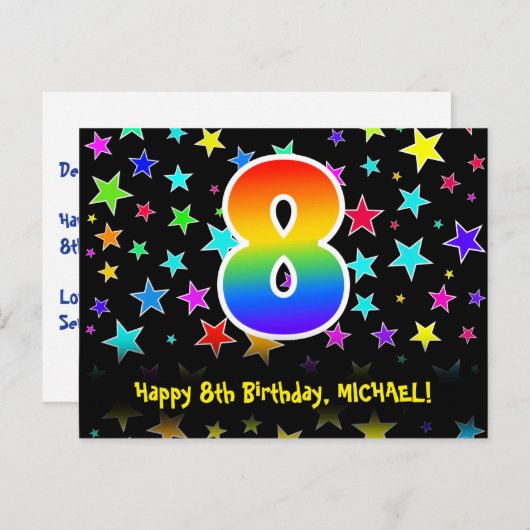 Carte Postale 8e anniversaire : Fun Stars Motif, Rainbow 8, Nom (Devant / Derrière)