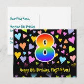 Carte Postale 8e anniversaire : motif coeurs amusants, arc-en-ci (Devant / Derrière)