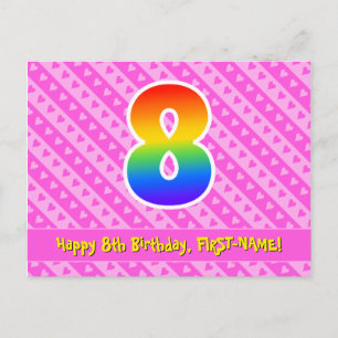 Carte Postale 8e anniversaire : Pink Stripes & Hearts, Rainbow 8
