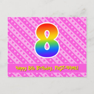 Carte Postale 8e anniversaire : Rayures roses et cœurs, arc-en-c