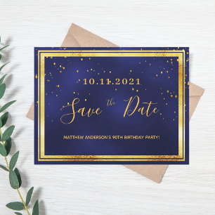Carte Postale 90e anniversaire bleu foncé or enregistrer la date