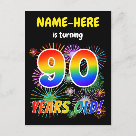 Carte Postale 90e anniversaire - Fun Fireworks, Rainbow Look "90 (Devant)
