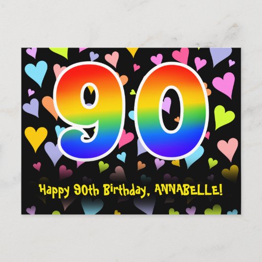 Carte Postale 90e Anniversaire : Motif coeurs amusants, 90 arc-e (Devant)