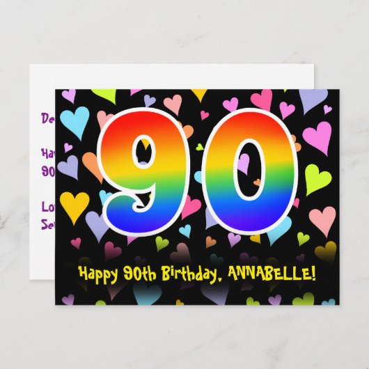 Carte Postale 90e Anniversaire : motif coeurs amusants, arc-en-c (Devant / Derrière)
