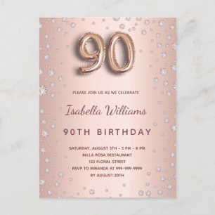 Carte Postale 90e anniversaire rose or diamons script de ballon
