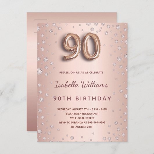 Carte Postale 90e anniversaire rose or diamons script de ballon (Devant / Derrière)