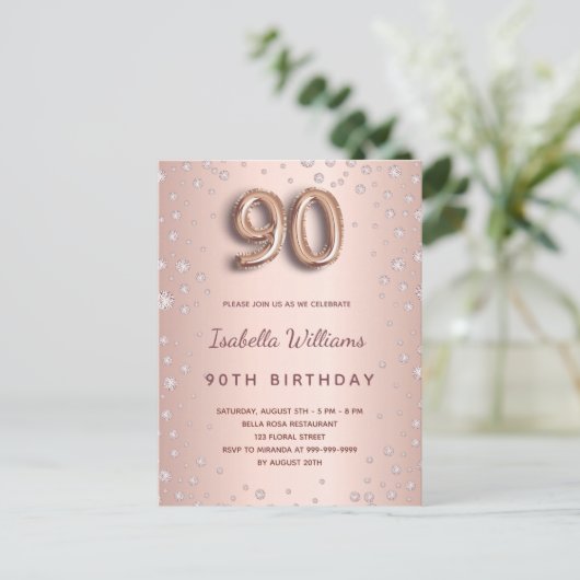 Carte Postale 90e anniversaire rose or diamons script de ballon (Debout devant)