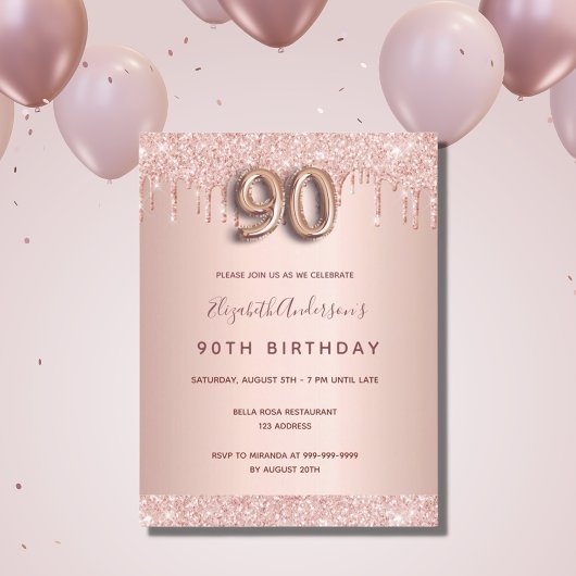 Carte Postale 90e anniversaire rose parties scintillant or rose 