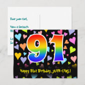 Carte Postale 91e anniversaire : motif de cœurs amusants, arc-en (Devant / Derrière)