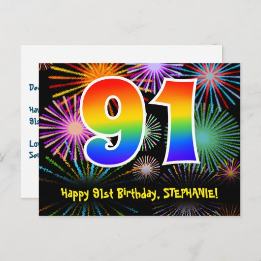 Carte Postale 91e Anniversaire – Motif de feux d'artifice amusan (Devant / Derrière)