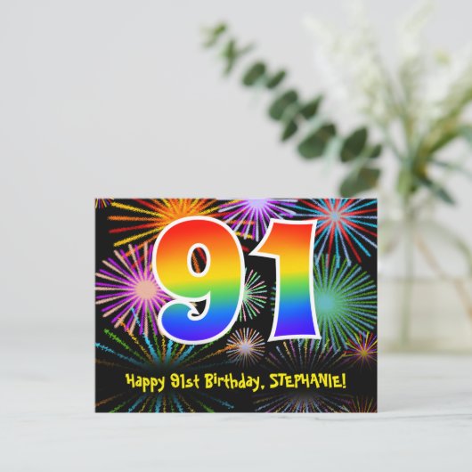 Carte Postale 91e Anniversaire – Motif de feux d'artifice amusan (Debout devant)