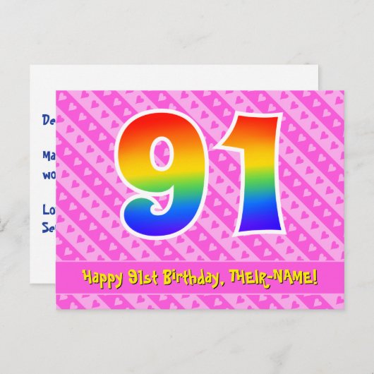Carte Postale 91e anniversaire : Pink Stripes & Hearts, Arc-en-c (Devant / Derrière)