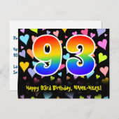 Carte Postale 93e anniversaire : Fun Hearts Motif, Rainbow 93 (Devant / Derrière)