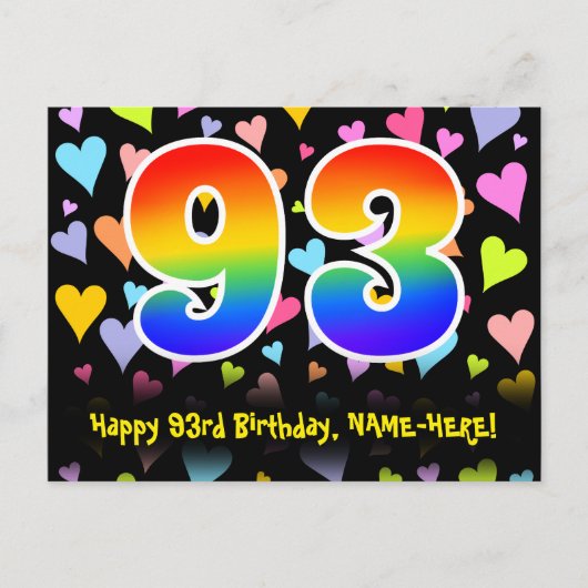 Carte Postale 93e anniversaire : Fun Hearts Motif, Rainbow 93 (Devant)
