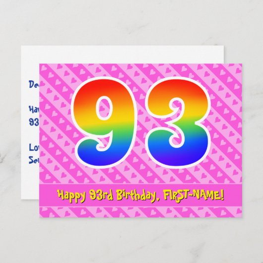 Carte Postale 93e anniversaire : Rayures roses & Cœurs, Arc-en-c (Devant / Derrière)