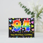 Carte Postale 94e anniversaire : Fun Hearts Motif, Arc-en-ciel 9 (Debout devant)