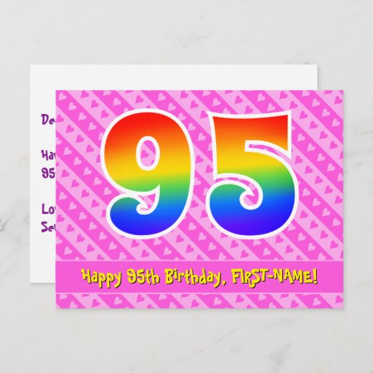 Carte Postale 95e Anniversaire : Rayures roses & Cœurs, Arc-en-c (Devant / Derrière)