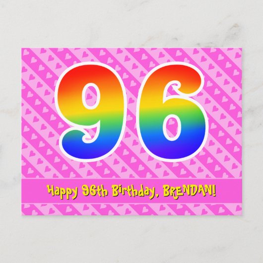 Carte Postale 96e Anniversaire : Bandes roses & Cœurs, Arc-en-ci (Devant)