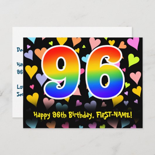 Carte Postale 96e anniversaire : Fun Hearts Motif, Arc-en-ciel 9 (Devant / Derrière)