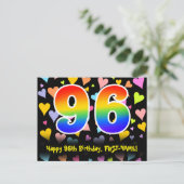 Carte Postale 96e anniversaire : Fun Hearts Motif, Arc-en-ciel 9 (Debout devant)
