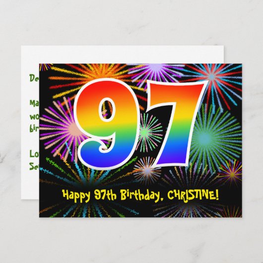 Carte Postale 97e Anniversaire – Motif de feux d'artifice amusan (Devant / Derrière)