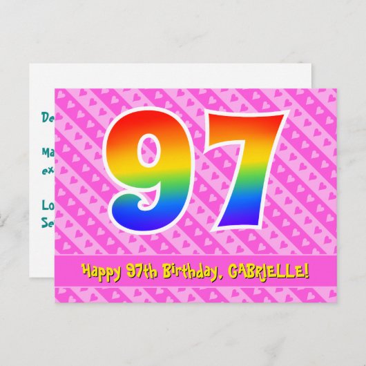 Carte Postale 97e anniversaire : Pink Stripes & Hearts, Arc en c (Devant / Derrière)