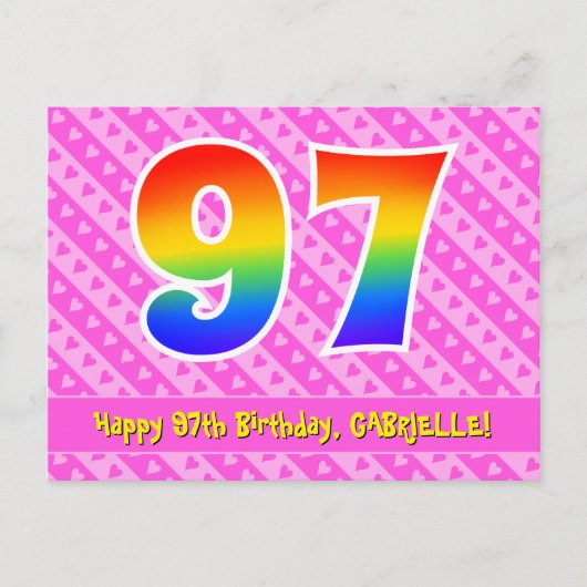 Carte Postale 97e anniversaire : Pink Stripes & Hearts, Arc en c (Devant)