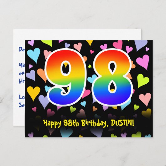 Carte Postale 98e Anniversaire : Motif coeurs amusants, Arc-en-c (Devant / Derrière)