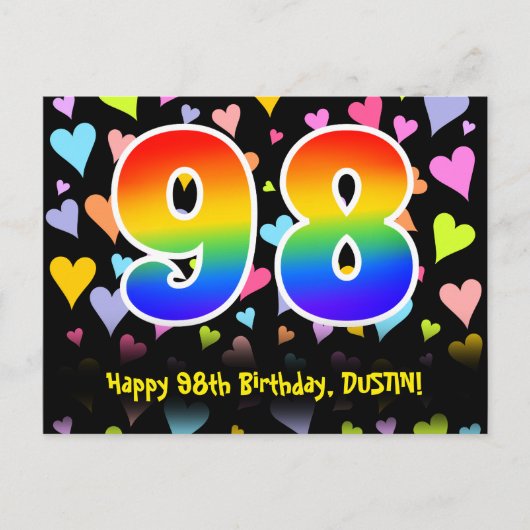 Carte Postale 98e Anniversaire : Motif coeurs amusants, Arc-en-c (Devant)